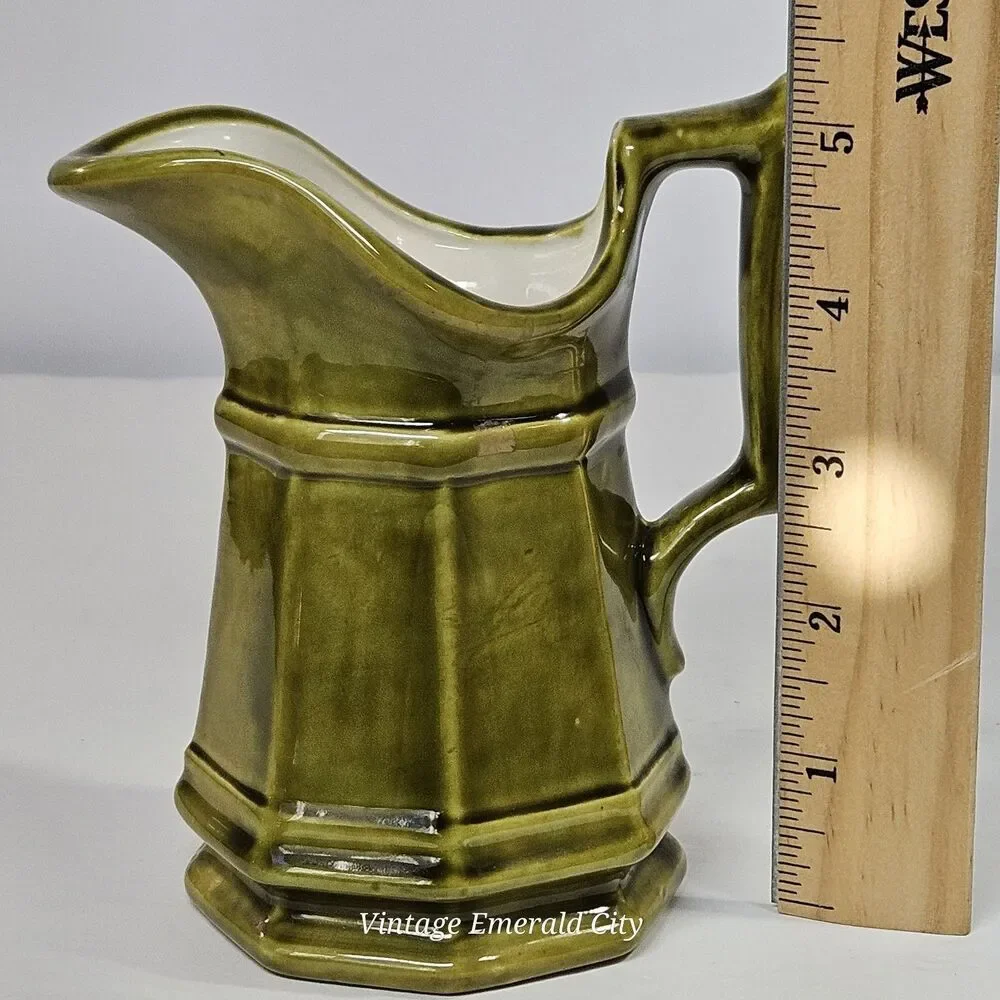 Vtg Studio Pottery Creamer Olive Green Paneled Octagon Mini Stone Pitcher Signed